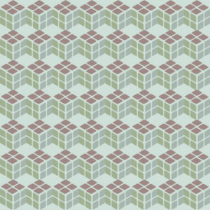 Geometric cube pattern in soft green and pink.